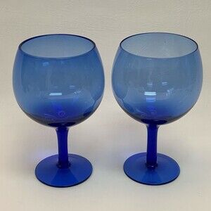 Wine Glass Bubble Cobalt Blue 6 3/8" High Lot of 2